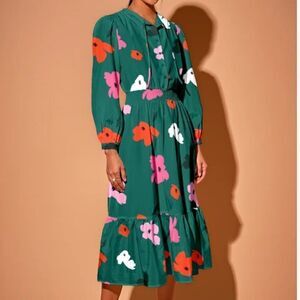 Tucker Juliette Dress Emerald Painted Poppies in Silk Crepe de Chine